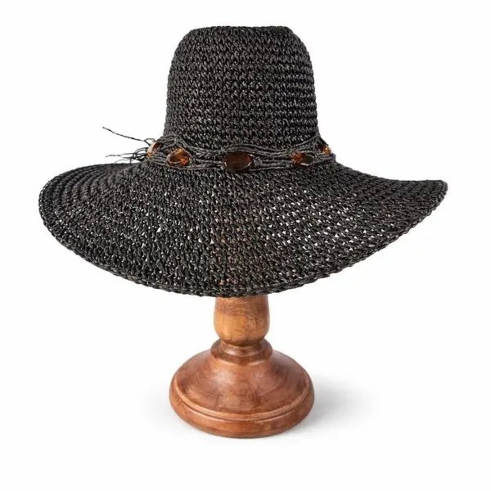 Kallina Sun Hat Black Woven Paper Straw Amber‎ Gem Accents Whimsigoth Resort